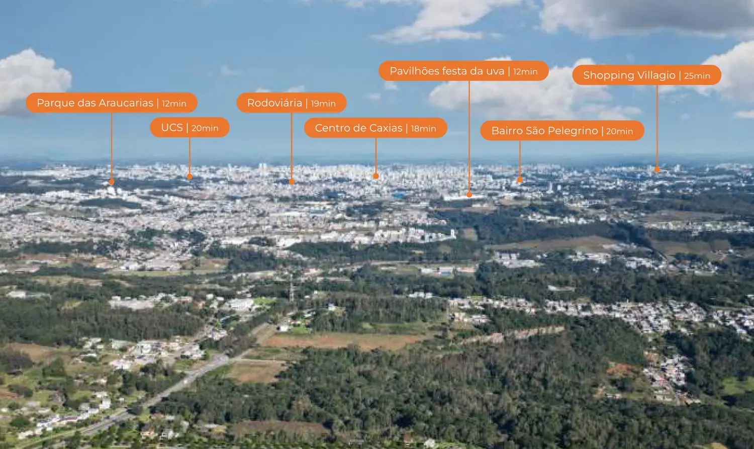 Mapa aéreo mostrando a localização do Marco Norte e a distância até pontos de Caxias do Sul